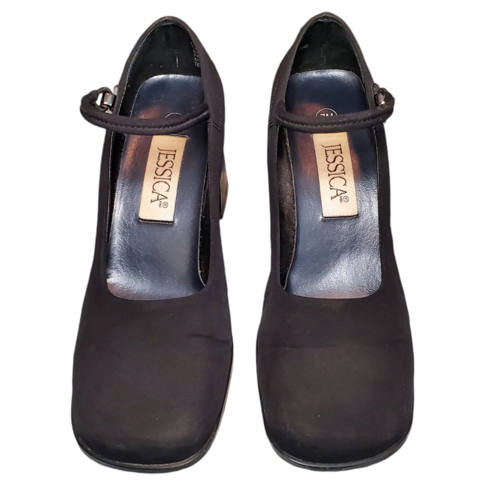 Vintage Jessica Heels Y2K 2000s Mary Jane Chunky Heel Square Toe Black Shoe Sz 7